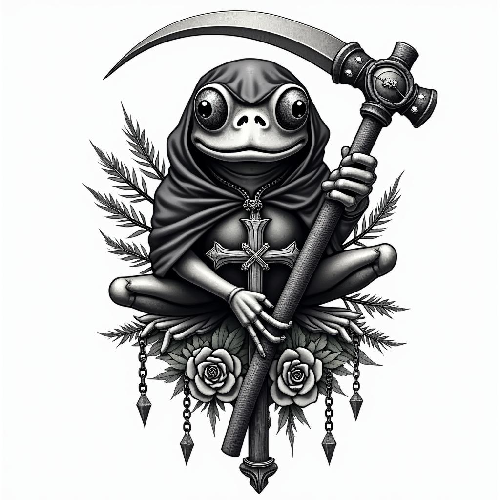 Grim Reaper frog with scythe and rosaryin chicano style tattoo, featuring intricate black and grey shading, bold elements of traditional chicano culture symbols, add a big cross with skull, chains and roses - Variation 3