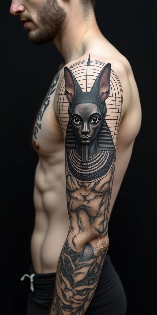 Anubisin egyptian style tattoo, bold elements of ancient egyptian culture including a portrait of an Egyptian pharaoh with detailed facial features, in hieroglyphs and symbolic imagery, eye of horus, ankh symbol, scarab beetle - Variation 6
