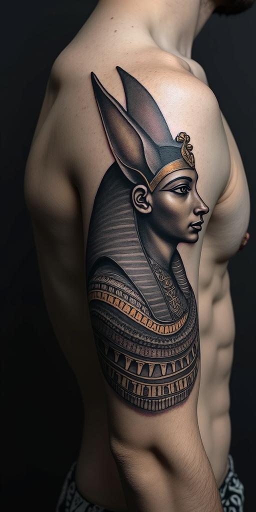 Anubisin egyptian style tattoo, bold elements of ancient egyptian culture including a portrait of an Egyptian pharaoh with detailed facial features, in hieroglyphs and symbolic imagery, eye of horus, ankh symbol, scarab beetle - Variation 5