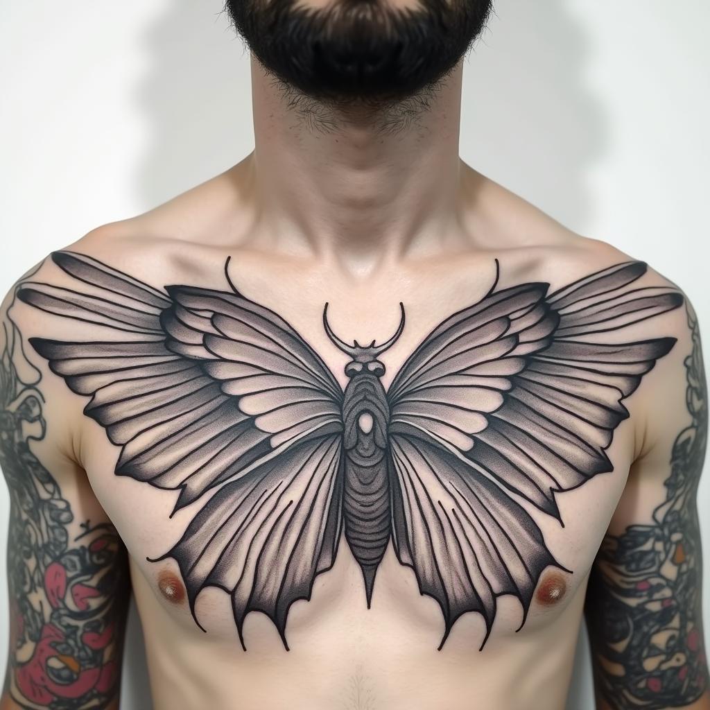 Chest peice 210 in the top right of chest loyalty around collar bone bible verse on left peck and a symbol that symbolize my 3 brothers on my right pecktext-based tattoo, japanese font ultra-realistic, perfectly placed, high-quality font design, photo-realistic shading, 8k, high quality, finely detailed typograph - Variation 4