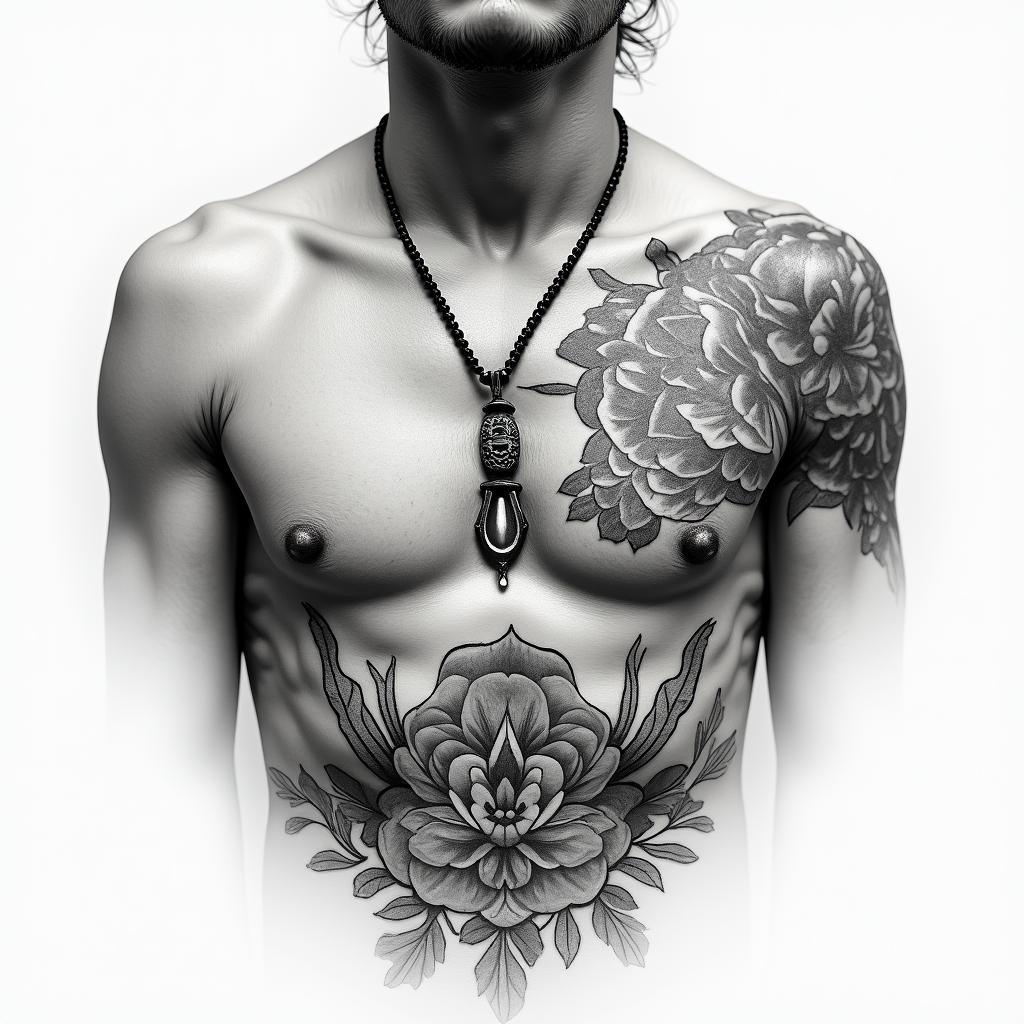 Chest peice 210 in the top right of chest loyalty around collar bone bible verse on left peck and a symbol that symbolize my 3 brothers on my right pecktext-based tattoo, japanese font ultra-realistic, perfectly placed, high-quality font design, photo-realistic shading, 8k, high quality, finely detailed typograph - Variation 3