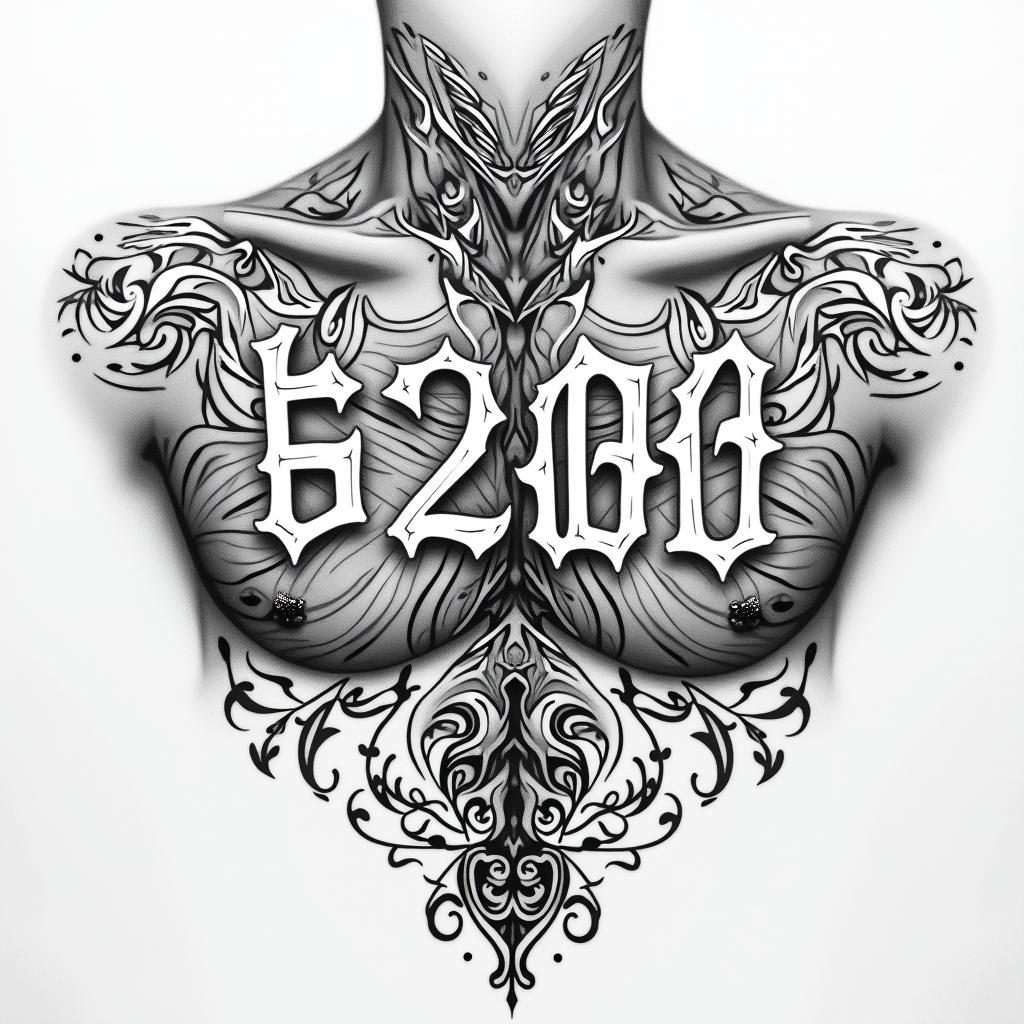 Chest peice 210 in the top right of chest loyalty around collar bone bible verse on left peck and a symbol that symbolize my 3 brothers on my right pecktext-based tattoo, japanese font ultra-realistic, perfectly placed, high-quality font design, photo-realistic shading, 8k, high quality, finely detailed typograph