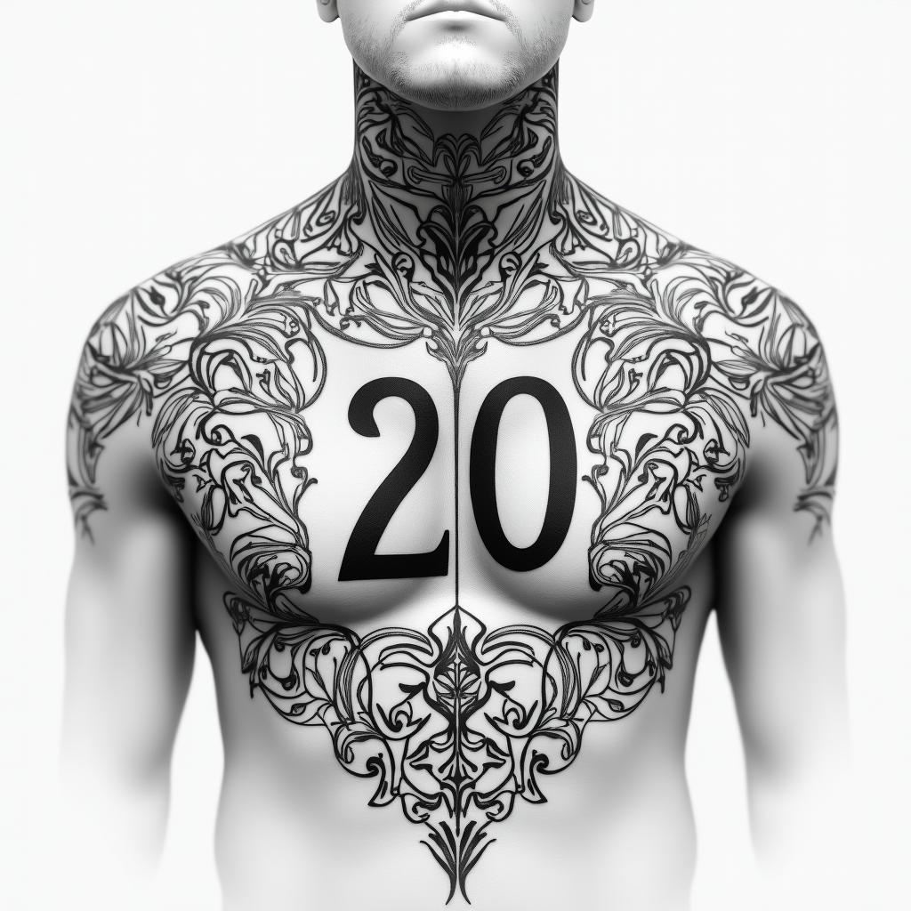 Chest peice 210 in the top right of chest loyalty around collar bone bible verse on left peck and a symbol that symbolize my 3 brothers on my right pecktext-based tattoo, japanese font ultra-realistic, perfectly placed, high-quality font design, photo-realistic shading, 8k, high quality, finely detailed typograph - Variation 2