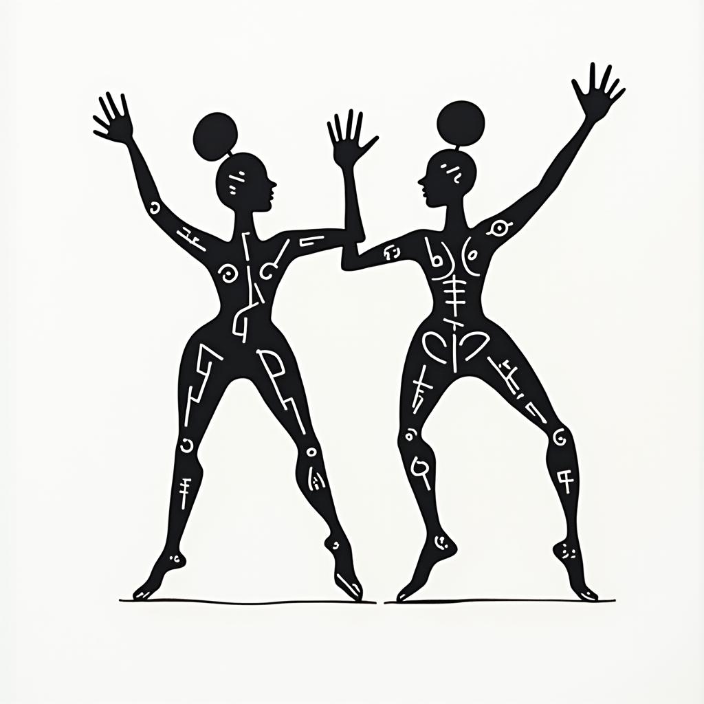 Tribal tattoo that reflects my African origins.abstract dancing figures in Keith Haring style, featuring bold black outlines and solid color fills, figures posed in dynamic and playful dance movements, minimalist design - Variation 3