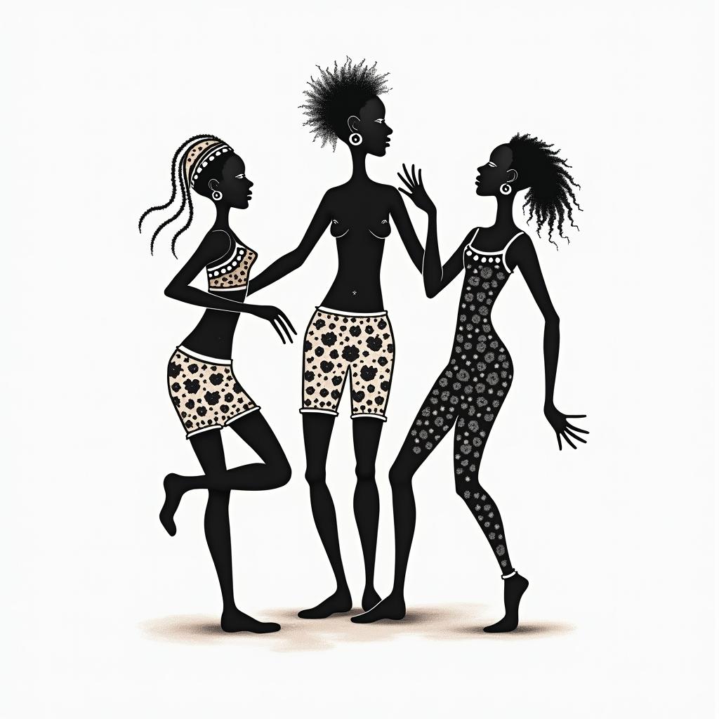 Tribal tattoo that reflects my African origins.abstract dancing figures in Keith Haring style, featuring bold black outlines and solid color fills, figures posed in dynamic and playful dance movements, minimalist design - Variation 4