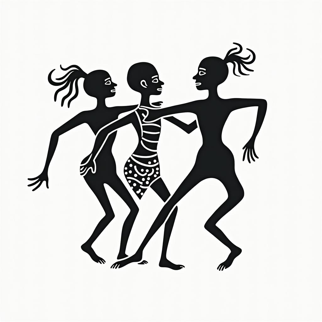 Tribal tattoo that reflects my African origins.abstract dancing figures in Keith Haring style, featuring bold black outlines and solid color fills, figures posed in dynamic and playful dance movements, minimalist design