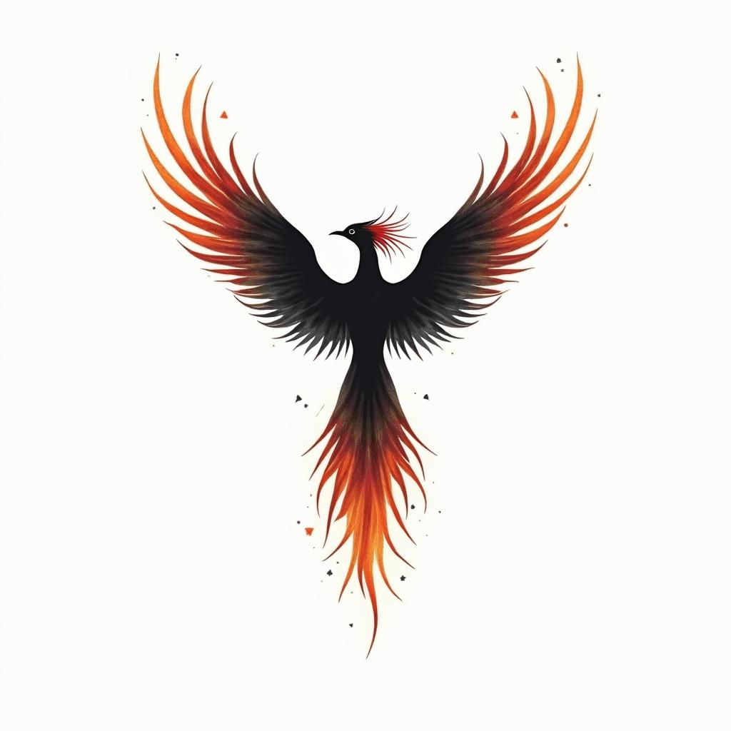 Rising phoenix with vibrant fiery wingsin minimalist style tattoo, featuring simple shapes and fine lines, with minimal shading and details, tiny triangles, creating a sense of balance and harmony - Variation 2
