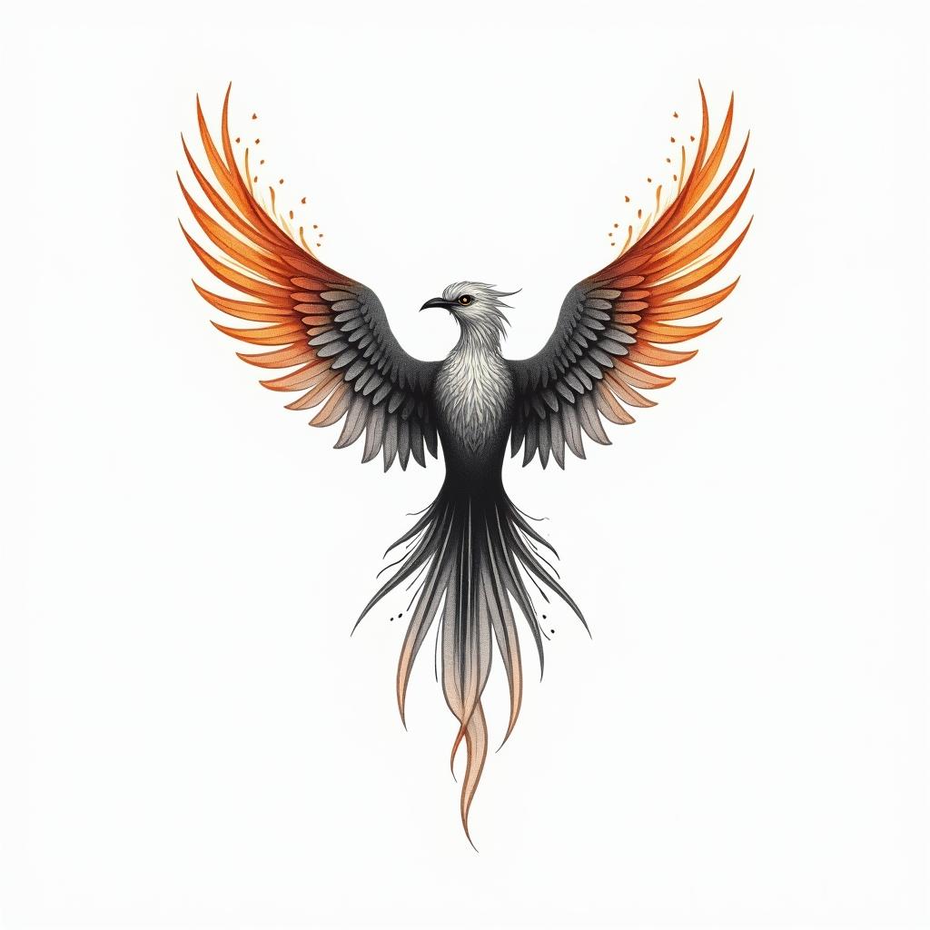 Rising phoenix with vibrant fiery wingsin minimalist style tattoo, featuring simple shapes and fine lines, with minimal shading and details, tiny triangles, creating a sense of balance and harmony - Variation 4