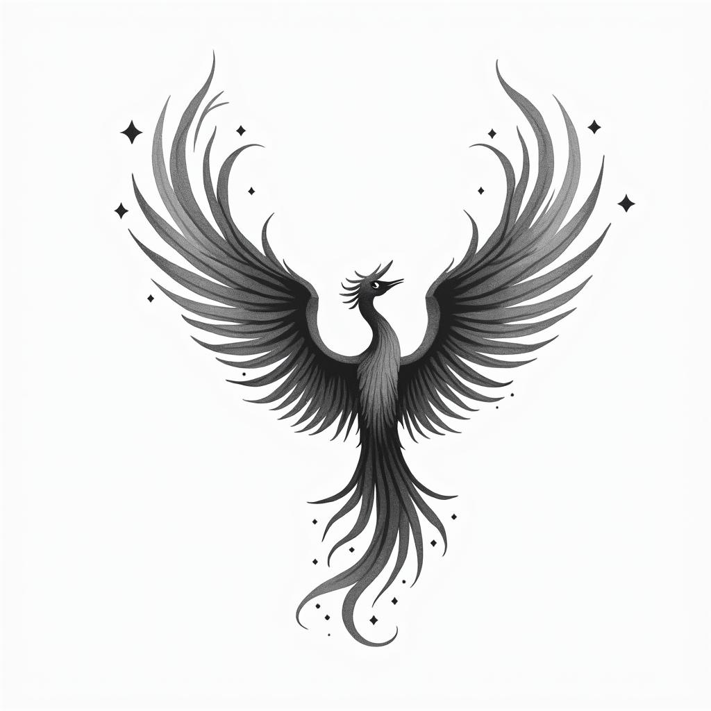 Rising phoenix with vibrant fiery wingsin minimalist style tattoo, featuring simple shapes and fine lines, with minimal shading and details, tiny triangles, creating a sense of balance and harmony - Variation 3