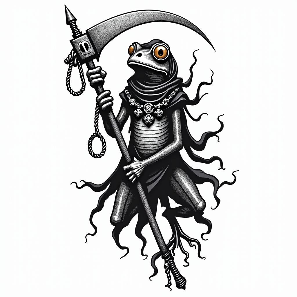 Grim Reaper frog with scythe and rosaryin tribal tattoo style, featuring bold and black geometric shapes, curved lines, intertwine and flow seamlessly, creating a powerful and symbolic design, polynesian and maori styles