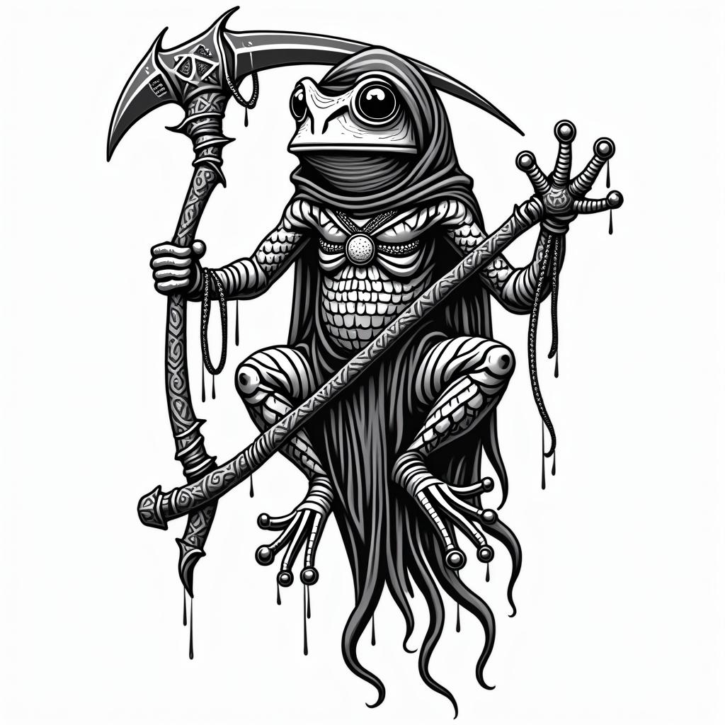 Grim Reaper frog with scythe and rosaryin tribal tattoo style, featuring bold and black geometric shapes, curved lines, intertwine and flow seamlessly, creating a powerful and symbolic design, polynesian and maori styles - Variation 3
