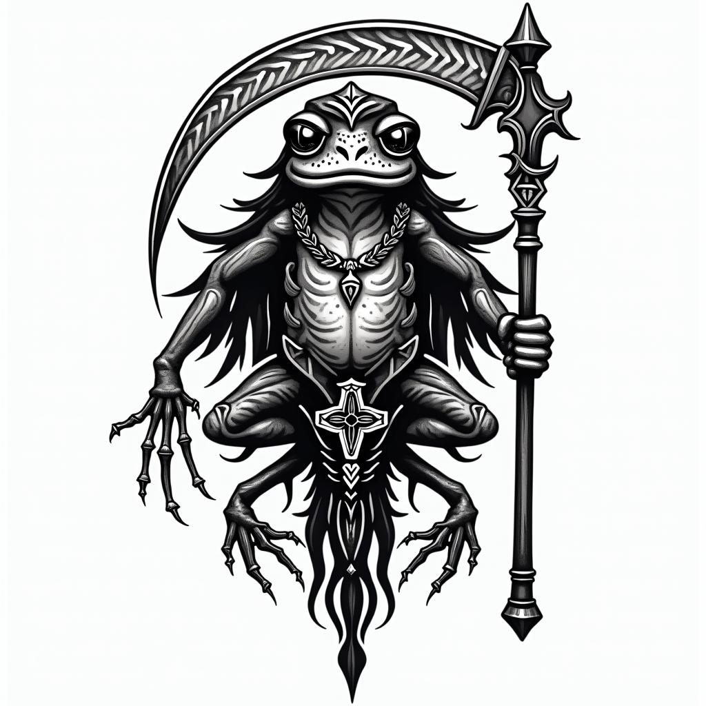 Grim Reaper frog with scythe and rosaryin tribal tattoo style, featuring bold and black geometric shapes, curved lines, intertwine and flow seamlessly, creating a powerful and symbolic design, polynesian and maori styles - Variation 4