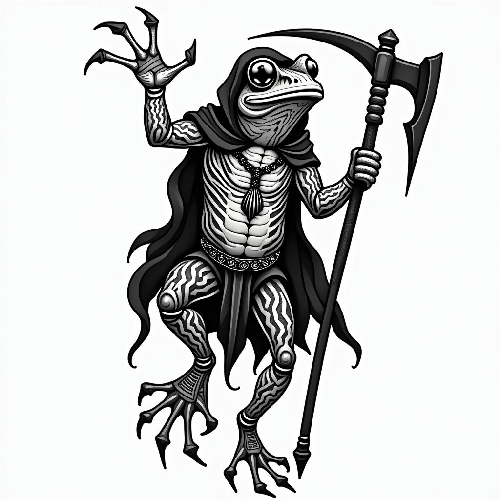 Grim Reaper frog with scythe and rosaryin tribal tattoo style, featuring bold and black geometric shapes, curved lines, intertwine and flow seamlessly, creating a powerful and symbolic design, polynesian and maori styles - Variation 2