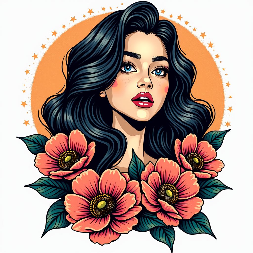 Nayara, 34 years old, Leo sign, I am the mother of 3 girls and I like flowers.in pop art style tattoo, featuring bold and vibrant colors, exaggerated outlines, iconic imagery, inspired by comic books and speech bubbles, comic book characters, retro pop culture - Variation 2