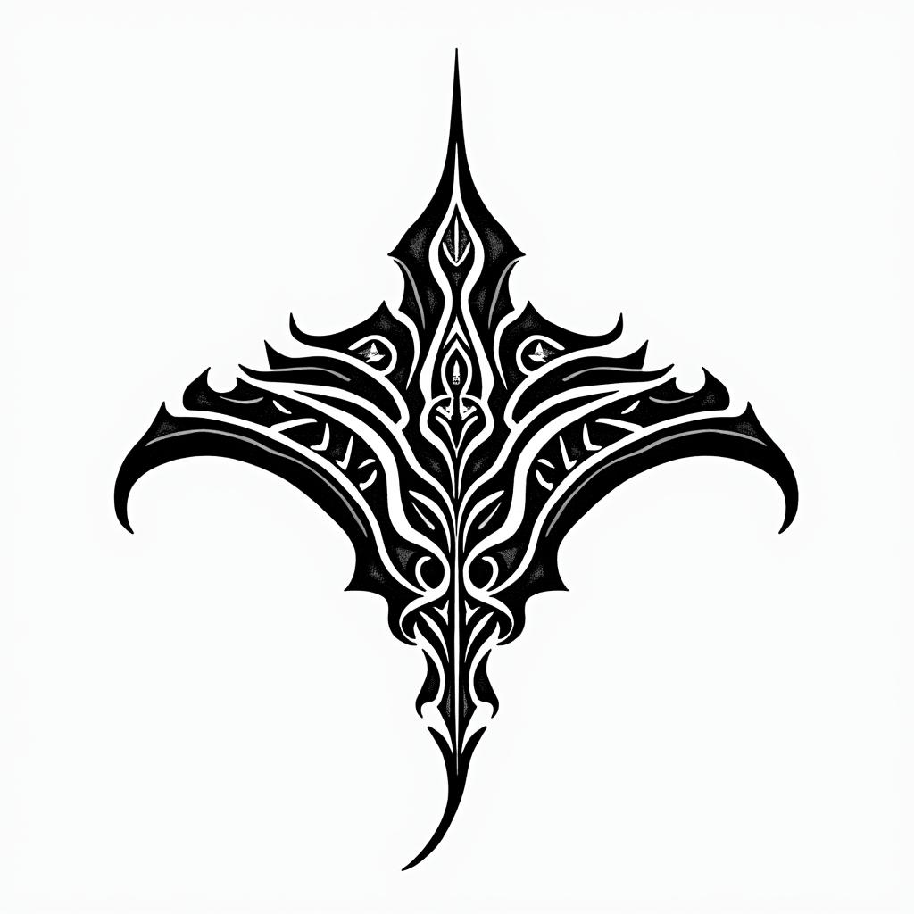 Manta ray, bold, Mayan and Hawaii influencesin tribal tattoo style, featuring bold and black geometric shapes, curved lines, intertwine and flow seamlessly, creating a powerful and symbolic design, polynesian and maori styles - Variation 2