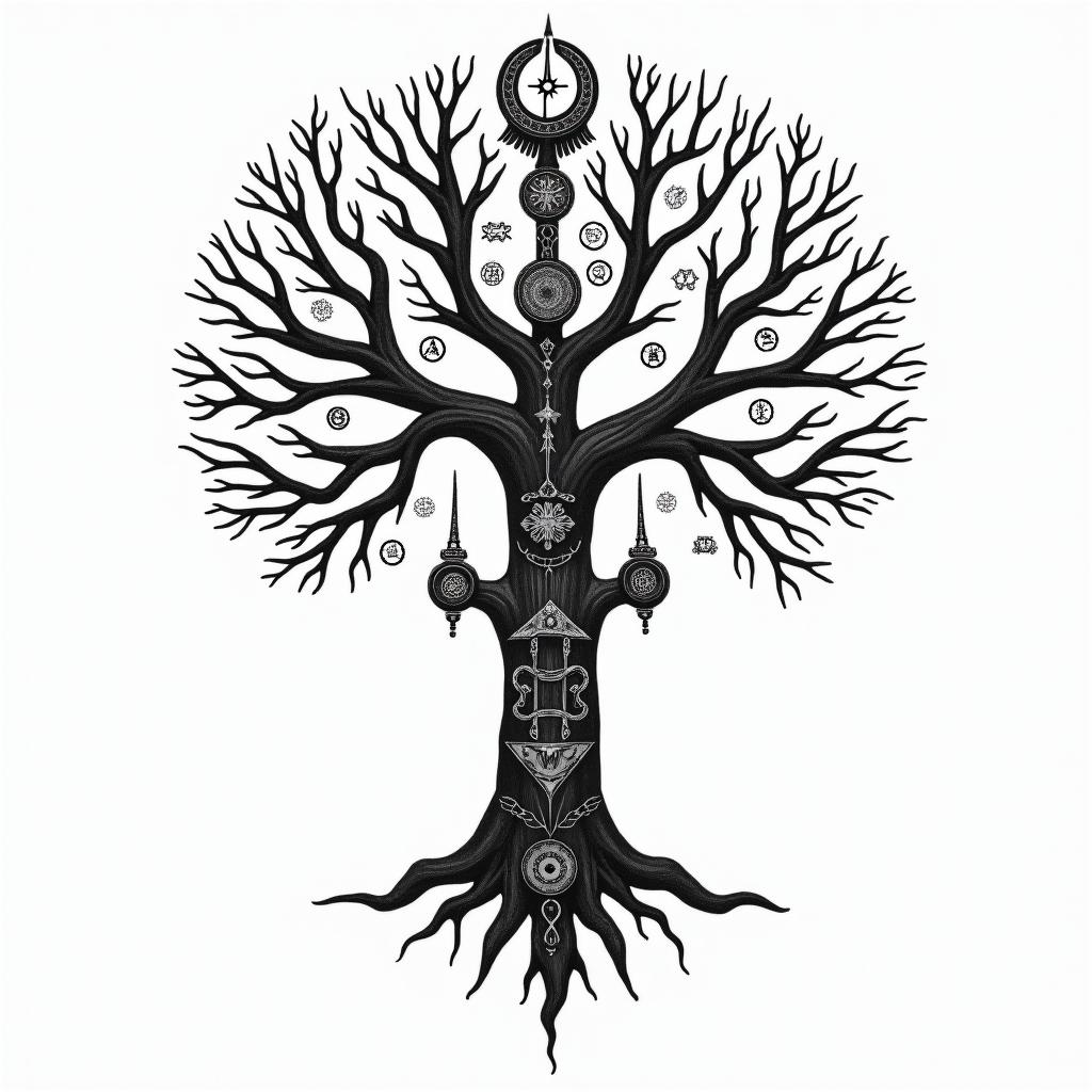 Viking  tree of life familyin paganic style tattoo, featuring ancient symbols, add vegvisir symbol, mystical figures, incorporating designs, pentagrams, runes, crescent moons, - Variation 4