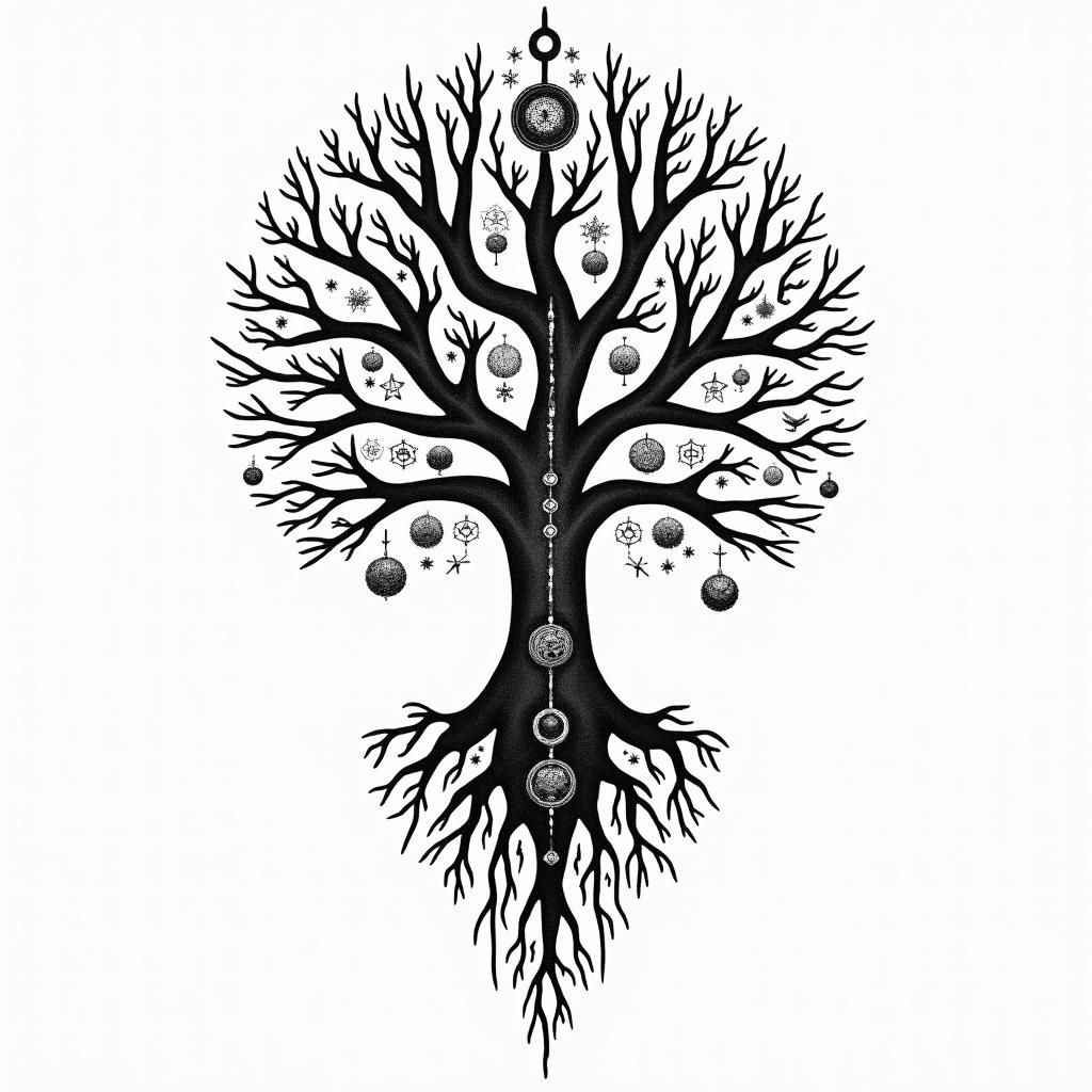 Viking  tree of life familyin paganic style tattoo, featuring ancient symbols, add vegvisir symbol, mystical figures, incorporating designs, pentagrams, runes, crescent moons,
