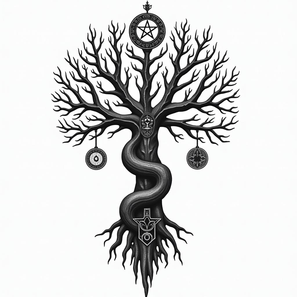 Viking  tree of life familyin paganic style tattoo, featuring ancient symbols, add vegvisir symbol, mystical figures, incorporating designs, pentagrams, runes, crescent moons, - Variation 3