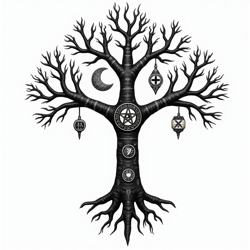 Viking  tree of life familyin paganic style tattoo, featuring ancient symbols, add vegvisir symbol, mystical figures, incorporating designs, pentagrams, runes, crescent moons, - Variation 2