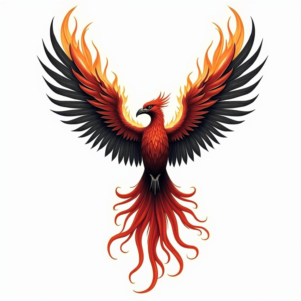 Rising phoenix with vibrant fiery wingsin new school tattoo, pop culture, modern, detailed tattoo, illustrative