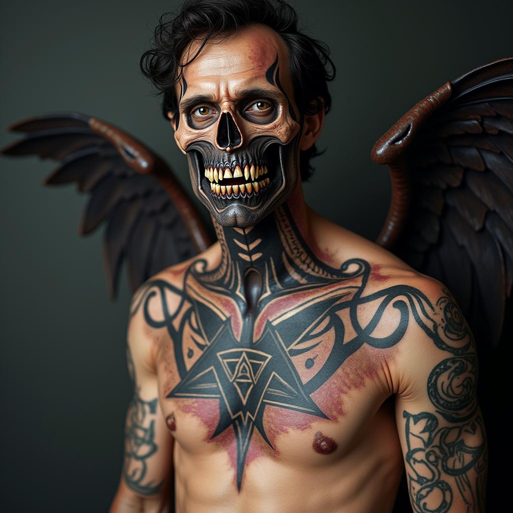 Angel with demoncreepy horror tattoo style, featuring an eerie and unsettling skull of a demonic creature, distorted face with sharp fangs, add pentagram symbol - Variation 8