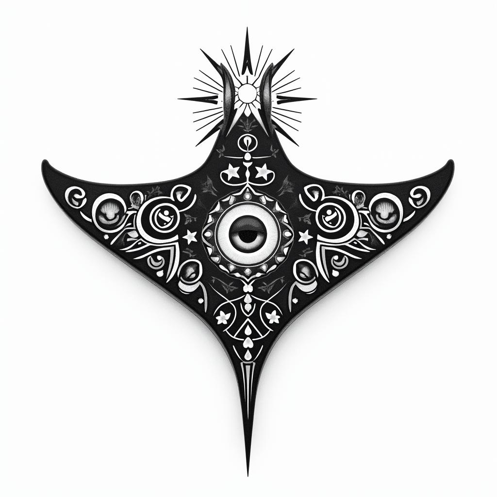 Manta ray, bold, Mayan and Hawaii influencesin prophecy tattoo style, featuring mystical symbols, celestial imagery like stars, moons, suns, geometric patterns, foretelling elements, an eye of wisdom - Variation 6