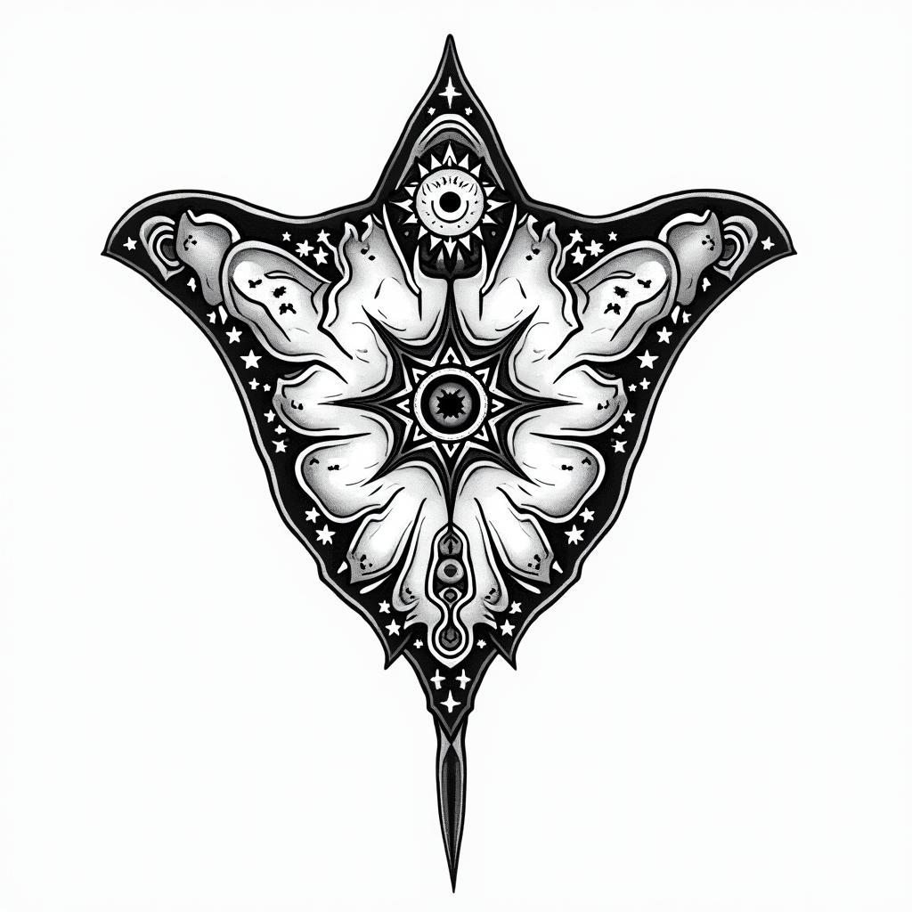 Manta ray, bold, Mayan and Hawaii influencesin prophecy tattoo style, featuring mystical symbols, celestial imagery like stars, moons, suns, geometric patterns, foretelling elements, an eye of wisdom - Variation 7