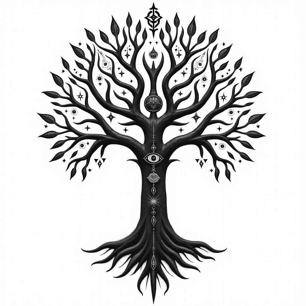 Viking  tree of life familyin prophecy tattoo style, featuring mystical symbols, celestial imagery like stars, moons, suns, geometric patterns, foretelling elements, an eye of wisdom - Variation 4