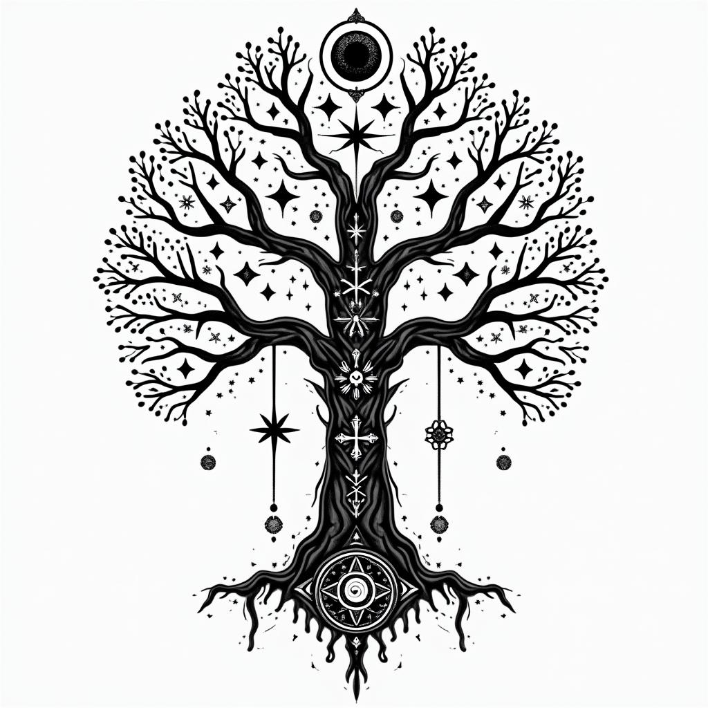 Viking  tree of life familyin prophecy tattoo style, featuring mystical symbols, celestial imagery like stars, moons, suns, geometric patterns, foretelling elements, an eye of wisdom - Variation 2