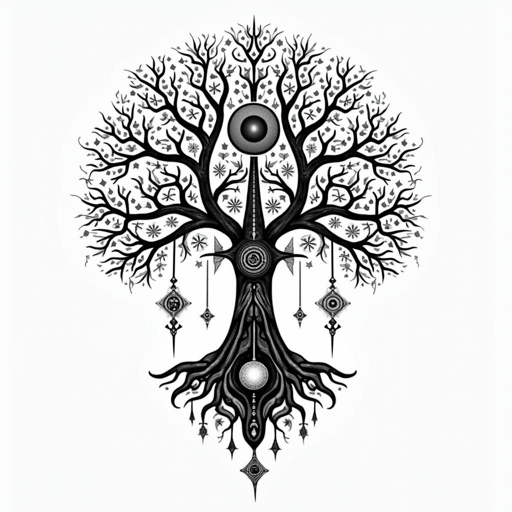 Viking  tree of life familyin prophecy tattoo style, featuring mystical symbols, celestial imagery like stars, moons, suns, geometric patterns, foretelling elements, an eye of wisdom - Variation 3