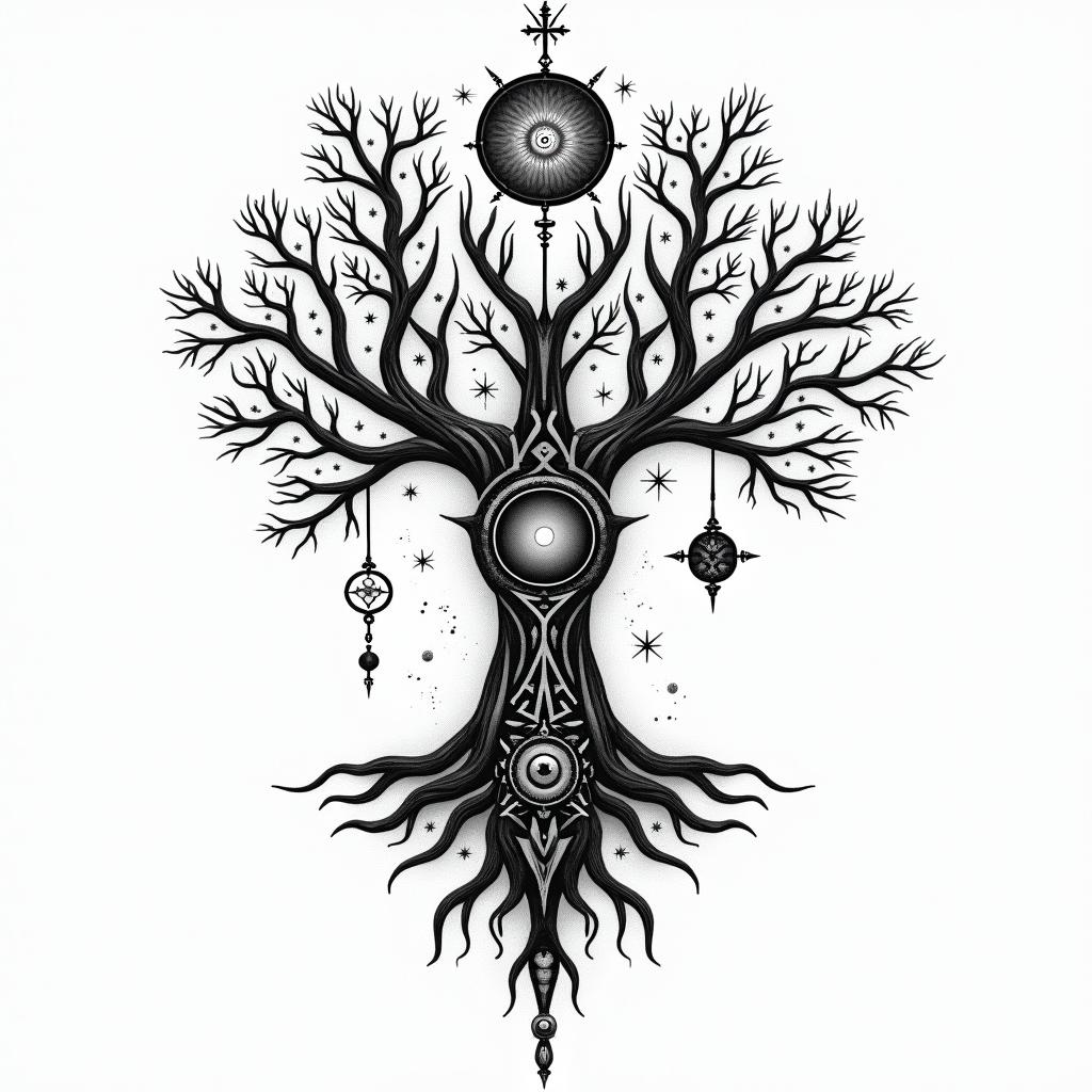 Viking tree of life familyin prophecy tattoo style, featuring mystical symbols, celestial imagery like stars, moons, suns, geometric patterns, foretelling elements, an eye of wisdom