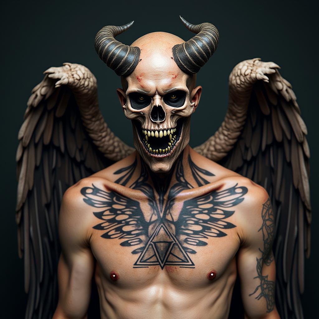 Angel with demoncreepy horror tattoo style, featuring an eerie and unsettling skull of a demonic creature, distorted face with sharp fangs, add pentagram symbol