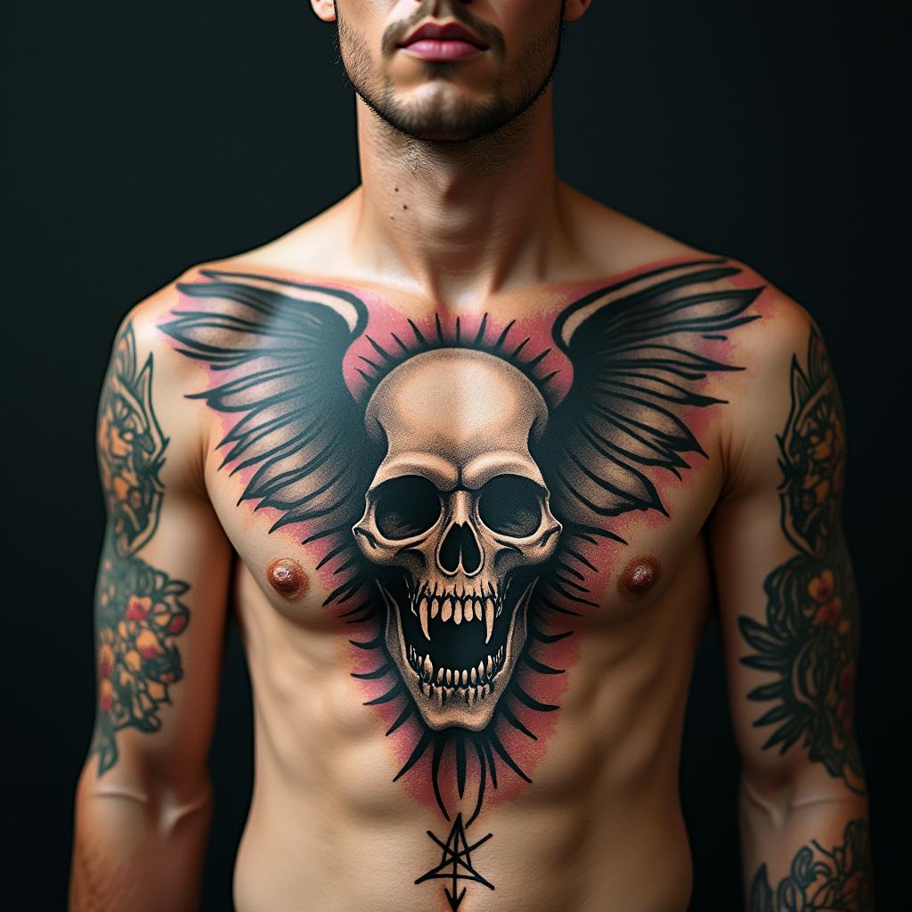 Angel with demoncreepy horror tattoo style, featuring an eerie and unsettling skull of a demonic creature, distorted face with sharp fangs, add pentagram symbol - Variation 3