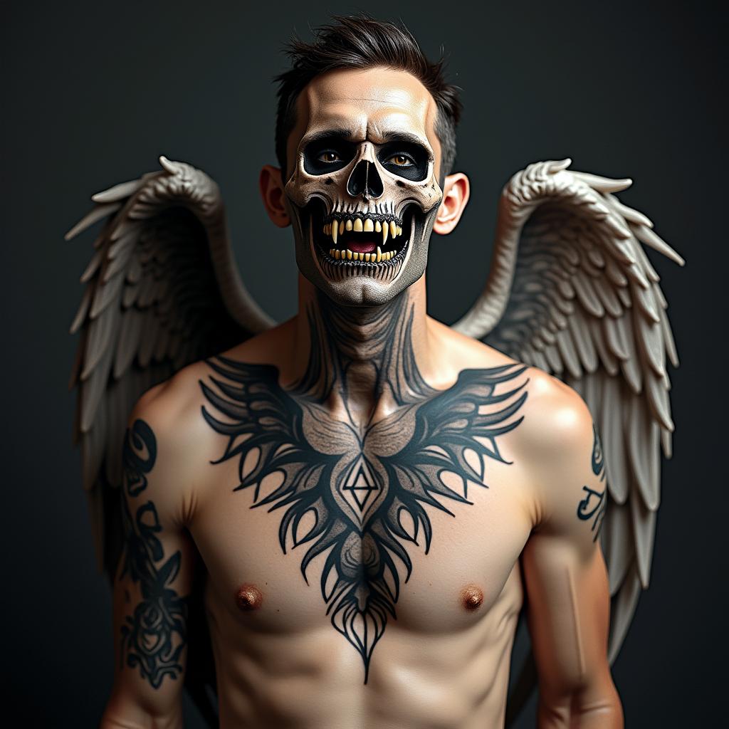 Angel with demoncreepy horror tattoo style, featuring an eerie and unsettling skull of a demonic creature, distorted face with sharp fangs, add pentagram symbol - Variation 4