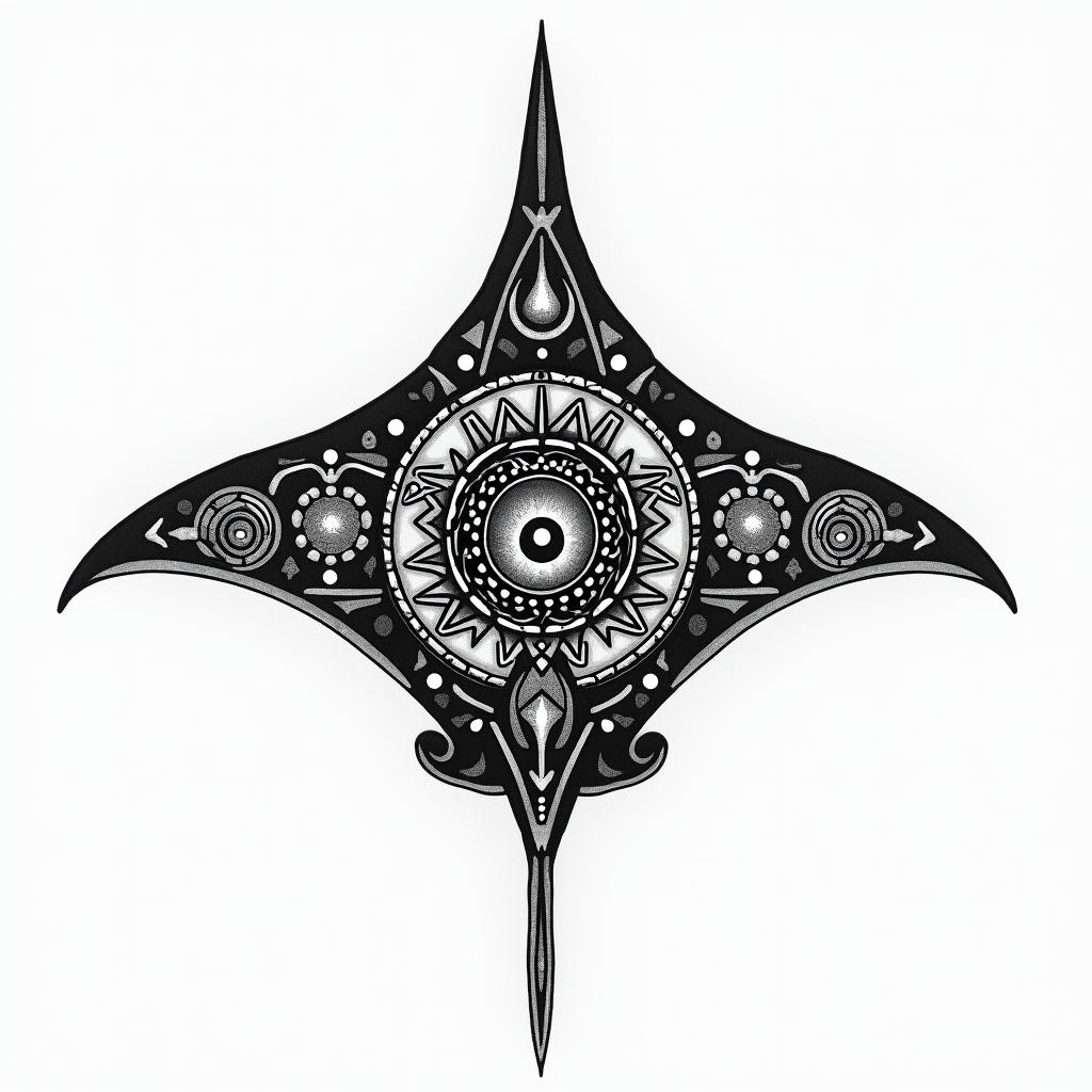Manta ray, bold, Mayan and Hawaii influencesin prophecy tattoo style, featuring mystical symbols, celestial imagery like stars, moons, suns, geometric patterns, foretelling elements, an eye of wisdom - Variation 3