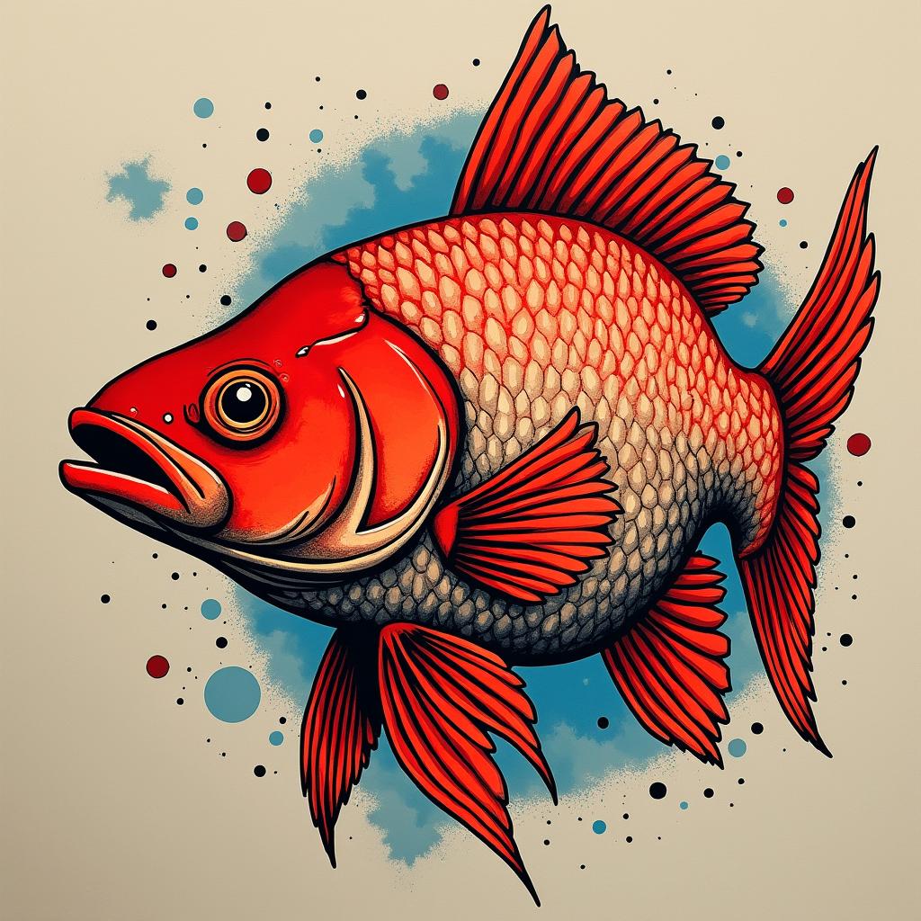 Red fishin pop art style tattoo, featuring bold and vibrant colors, exaggerated outlines, iconic imagery, inspired by comic books and speech bubbles, comic book characters, retro pop culture - Variation 3