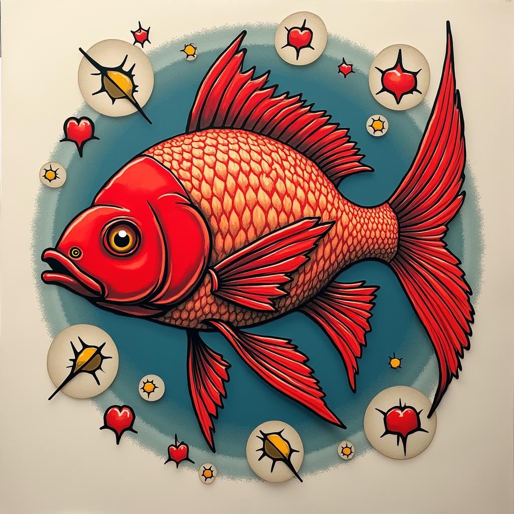 Red fishin pop art style tattoo, featuring bold and vibrant colors, exaggerated outlines, iconic imagery, inspired by comic books and speech bubbles, comic book characters, retro pop culture