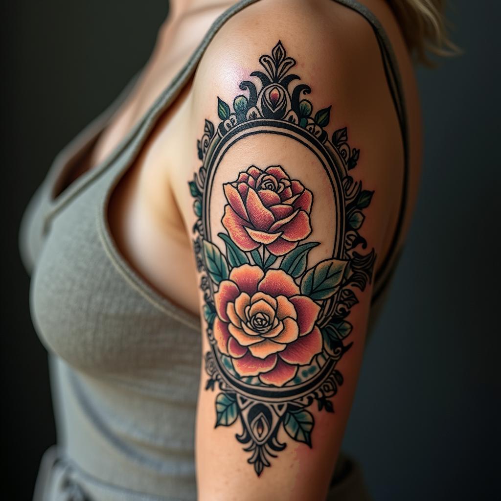 Flower realism tattoo sleeve with some book element that is not a focus I want the sleeve to be flowlyin victorian style tattoo, featuring vintage and elegant elements, ornate frames, roses, antique, sepia-toned color scheme - Variation 3