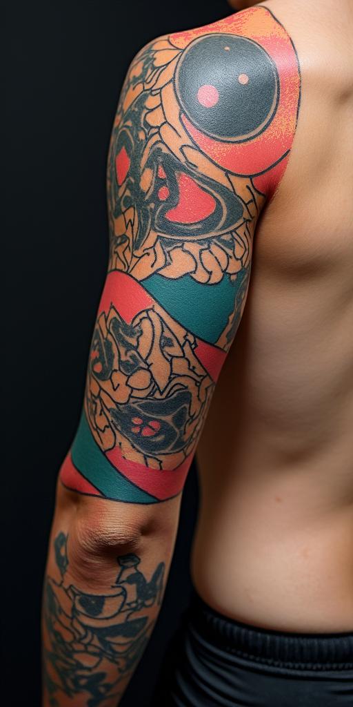 Leonin pop art style tattoo, featuring bold and vibrant colors, exaggerated outlines, iconic imagery, inspired by comic books and speech bubbles, comic book characters, retro pop culture - Variation 2