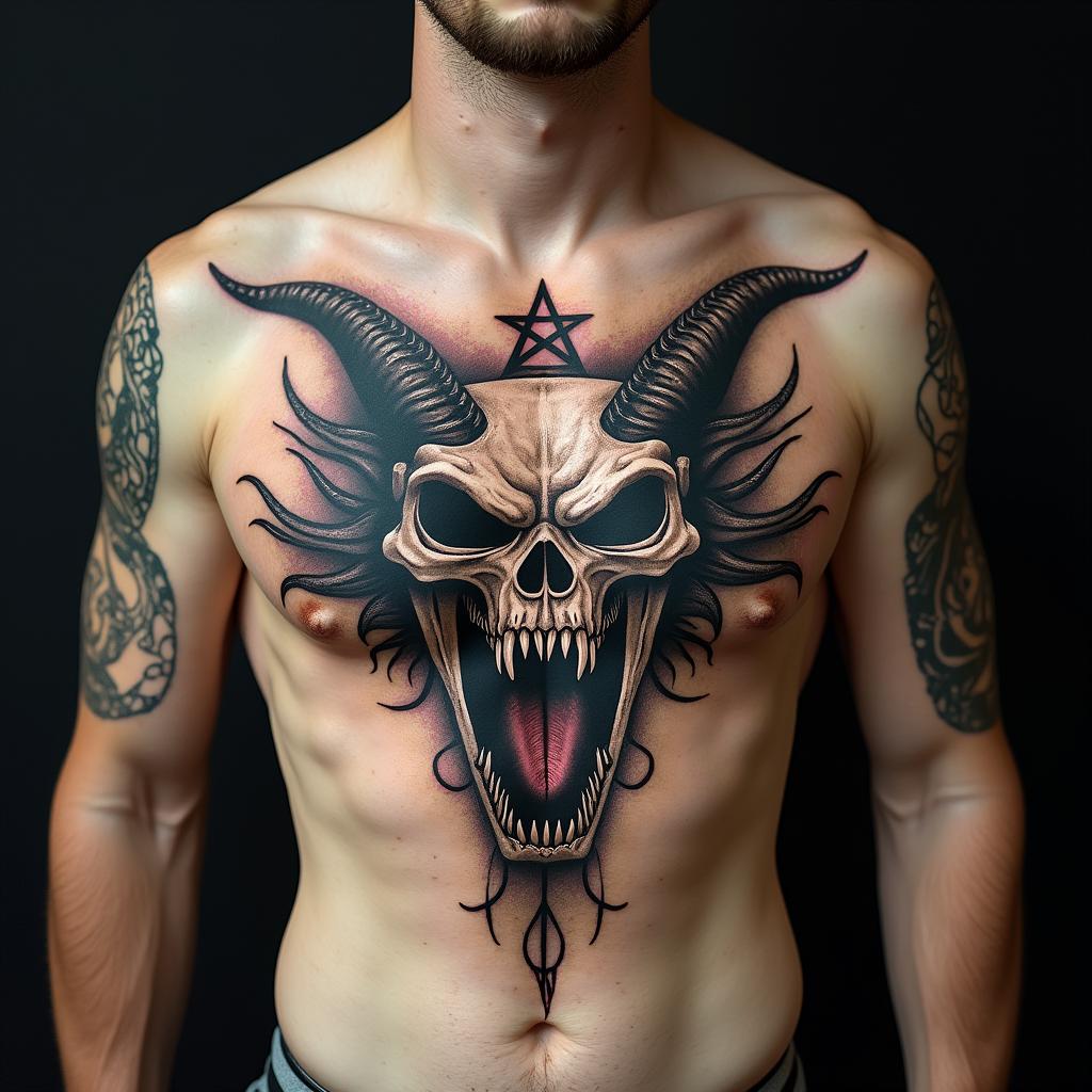 Dragoncreepy horror tattoo style, featuring an eerie and unsettling skull of a demonic creature, distorted face with sharp fangs, add pentagram symbol - Variation 3