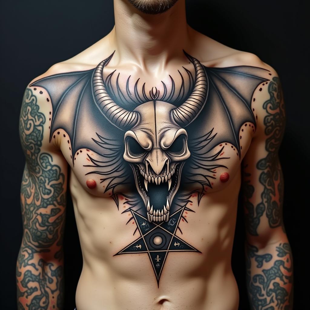 Dragoncreepy horror tattoo style, featuring an eerie and unsettling skull of a demonic creature, distorted face with sharp fangs, add pentagram symbol