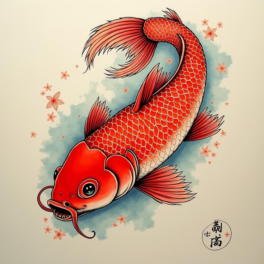 Red fishin japanese style tattoo, detailed tattoo, traditional japanese culture tattoo, mythology, 8k - Variation 2