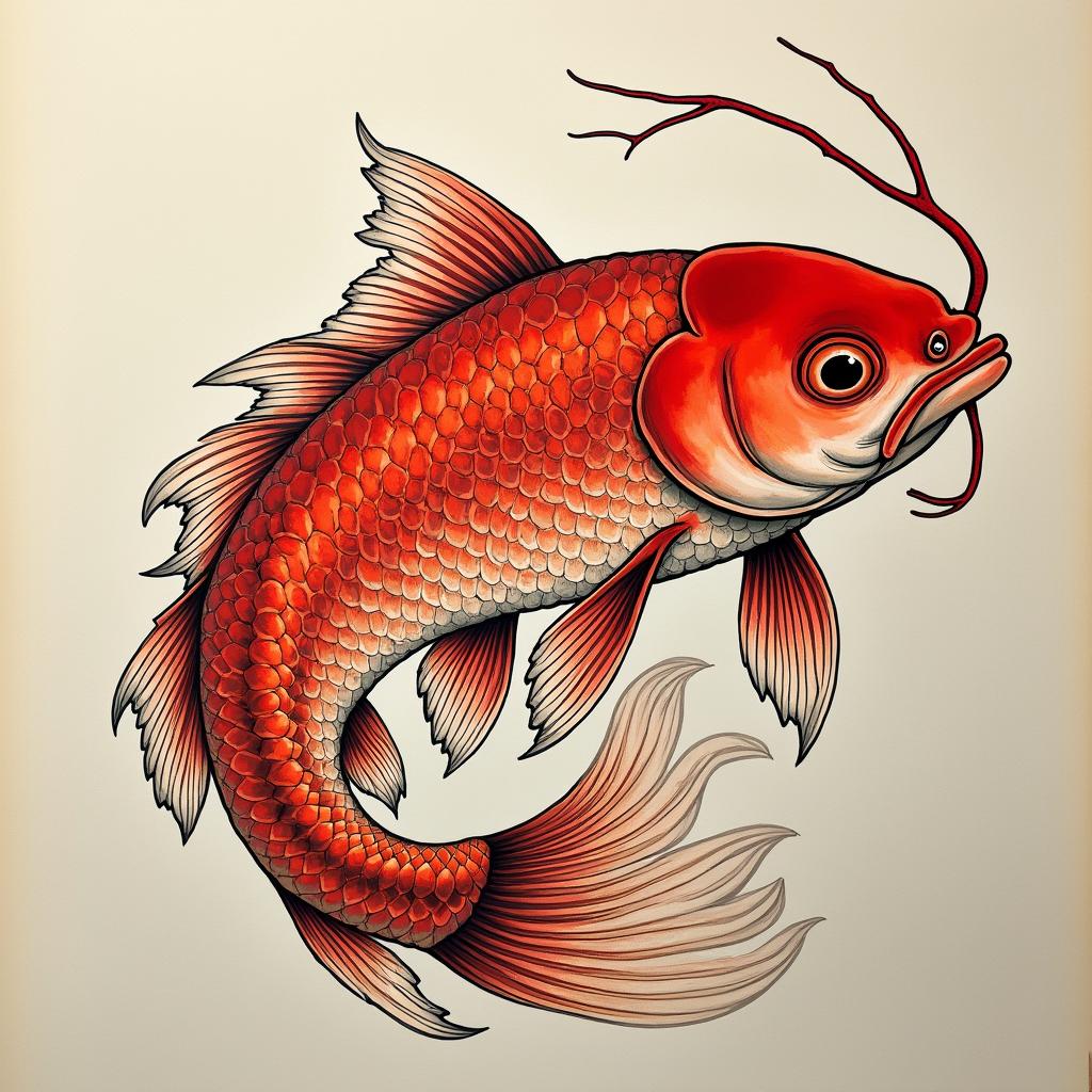 Red fishin japanese style tattoo, detailed tattoo, traditional japanese culture tattoo, mythology, 8k