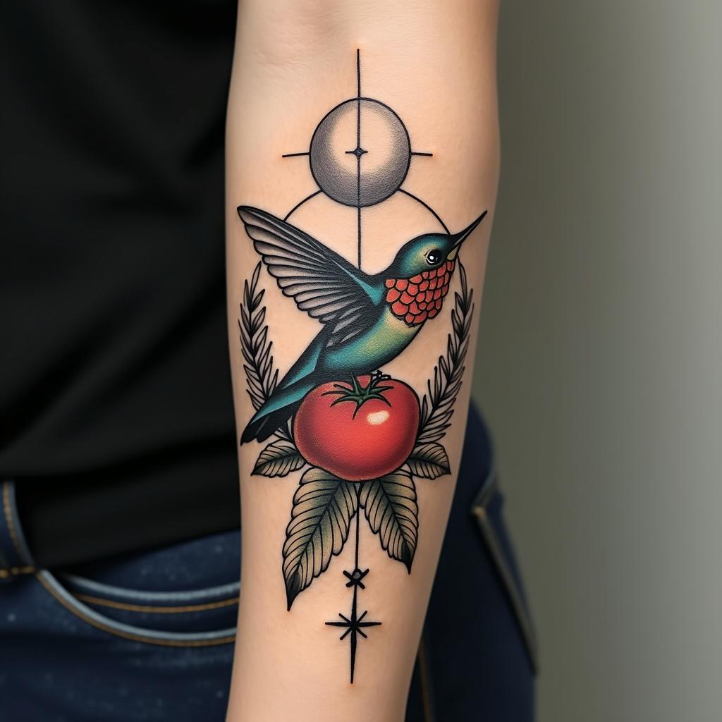 Please create a cover-up tattoo that includes a small hummingbird, tomato leaves, the sun and moon, something to symbolize motherhood of my two daughters, a cross, knot of happiness, guiding star and circles of balance.in authentic tattoo style, incorporating traditional modifications, bold black outlines, solid color fills, featuring classic authentic elements - Variation 8