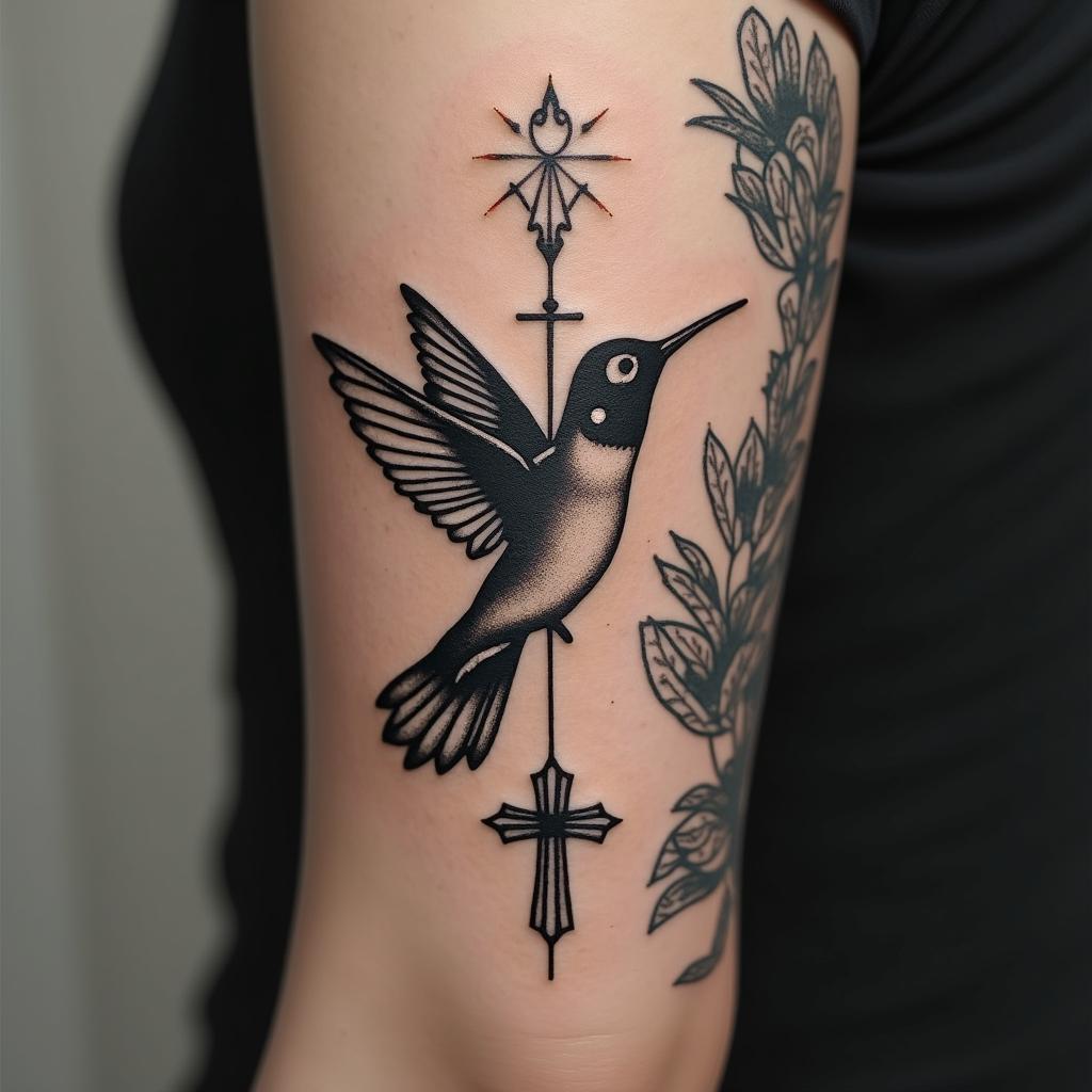 Please create a cover-up tattoo that includes a small hummingbird, tomato leaves, the sun and moon, something to symbolize motherhood of my two daughters, a cross, knot of happiness, guiding star and circles of balance.in authentic tattoo style, incorporating traditional modifications, bold black outlines, solid color fills, featuring classic authentic elements - Variation 5