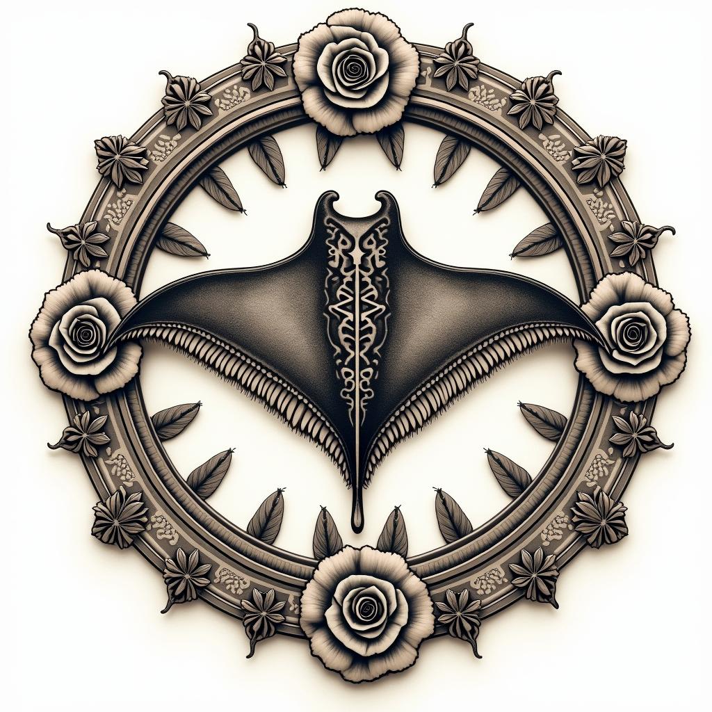 Manta ray, bold, Mayan calendarin victorian style tattoo, featuring vintage and elegant elements, ornate frames, roses, antique, sepia-toned color scheme - Variation 3