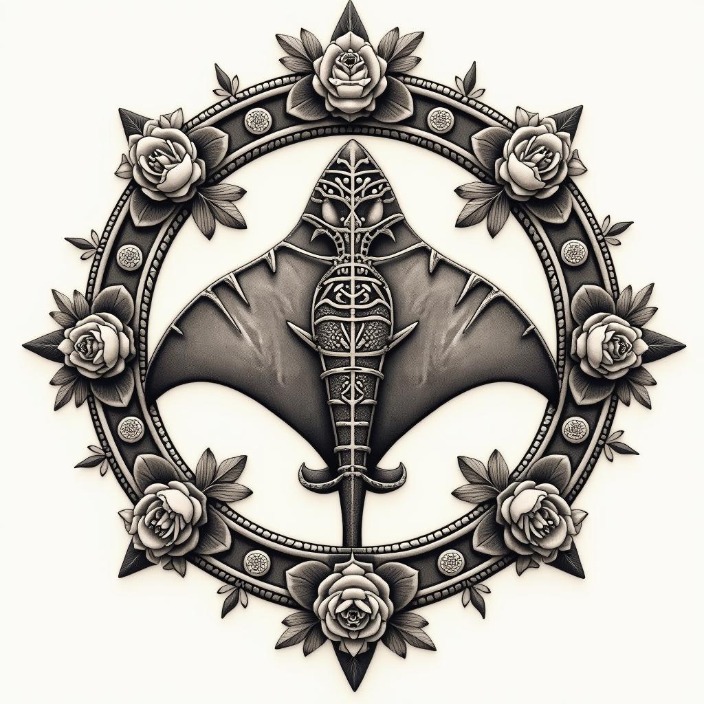 Manta ray, bold, Mayan calendarin victorian style tattoo, featuring vintage and elegant elements, ornate frames, roses, antique, sepia-toned color scheme - Variation 2