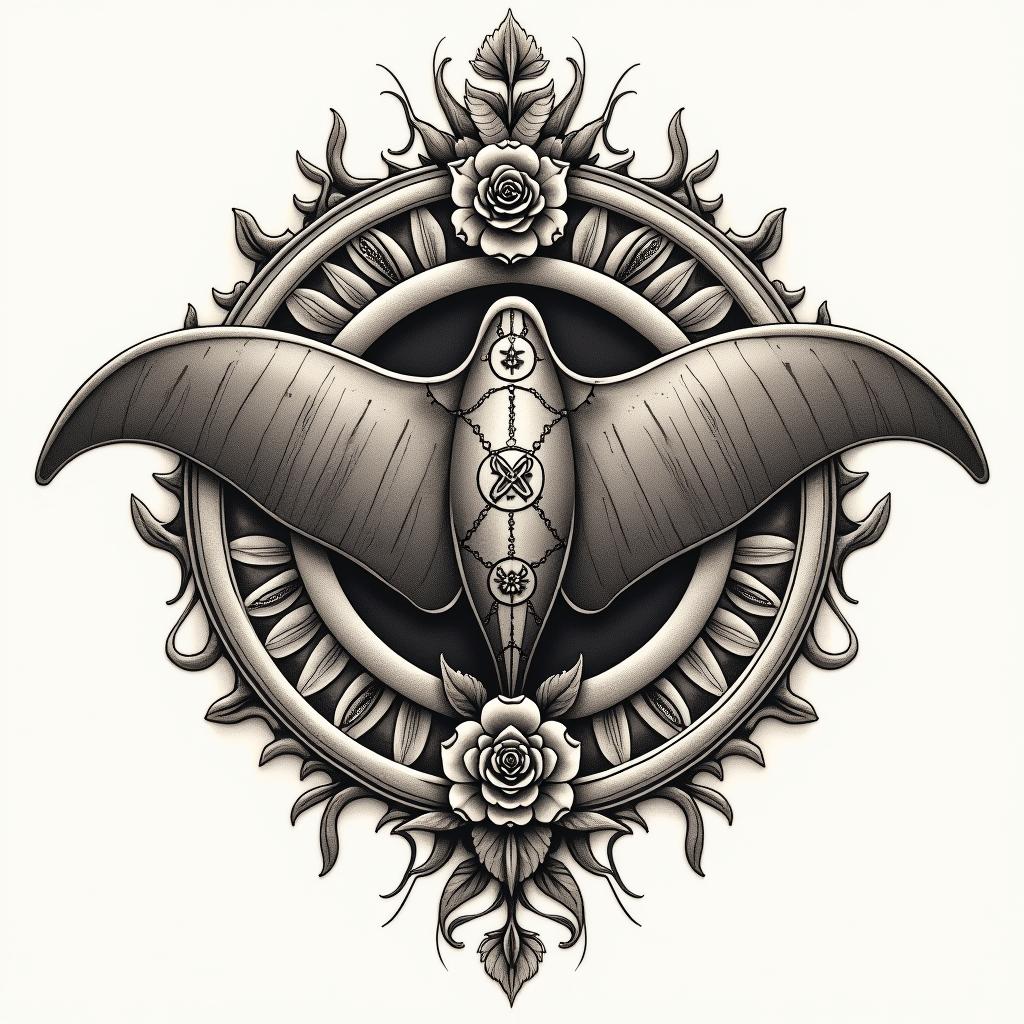 Manta ray, bold, Mayan calendarin victorian style tattoo, featuring vintage and elegant elements, ornate frames, roses, antique, sepia-toned color scheme - Variation 4