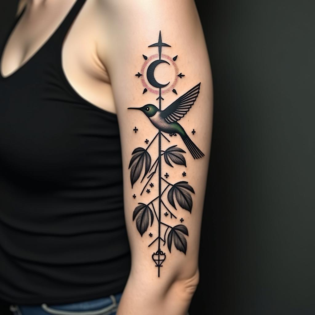 Please create a cover-up tattoo that includes a small hummingbird, tomato leaves, the sun and moon, something to symbolize motherhood of my two daughters, a cross, knot of happiness, guiding star and circles of balance.in authentic tattoo style, incorporating traditional modifications, bold black outlines, solid color fills, featuring classic authentic elements - Variation 4