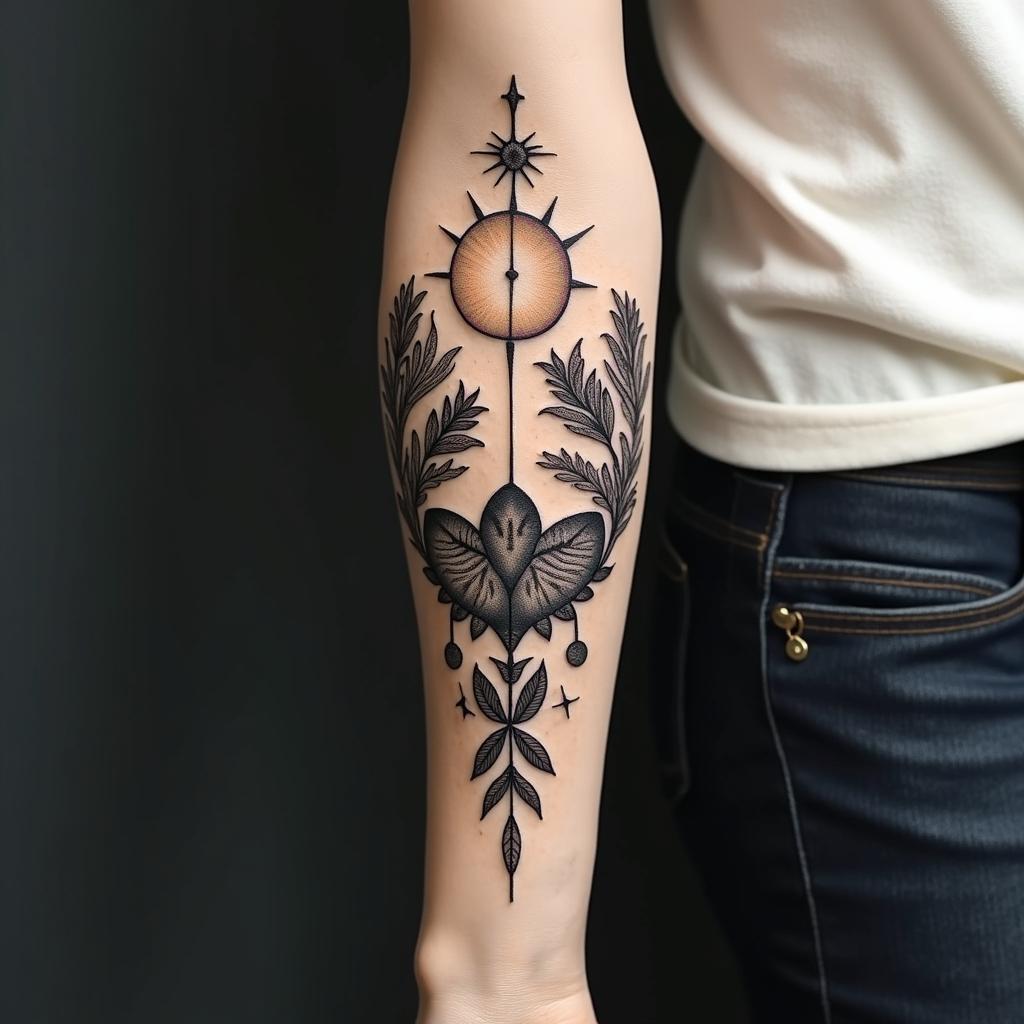 Please create a cover-up tattoo that includes a small hummingbird, tomato leaves, the sun and moon, something to symbolize motherhood of my two daughters, a cross, knot of happiness, guiding star and circles of balance.in authentic tattoo style, incorporating traditional modifications, bold black outlines, solid color fills, featuring classic authentic elements - Variation 3